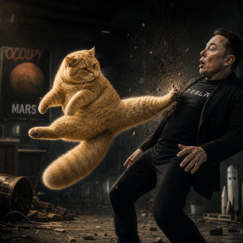 KAT kicking a businessman in a dark workshop